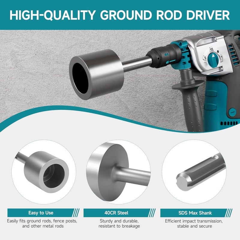 YOSIGHT SDS Max Shank T-Post Driver, Fence Post Driver & Ground Rod Driver, 2-3/20 Inch Diameter Head, 40 Cr 8-2/3 Inch Long Ground Rod Adapter, Ideal for Driving T Posts, Fence Posts and Ground Rods - Image 2